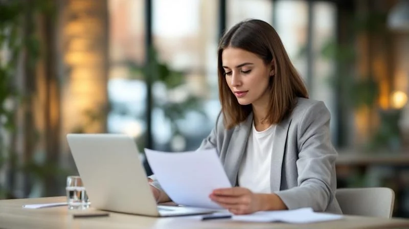 Frau sitzt mit Laptop und Unterlagen an einem Holztisch in einem modernen Coworking-Space in Coburg