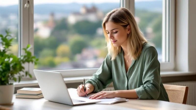 Frau am Schreibtisch in Coburg plant ihren beruflichen Neustart am Laptop