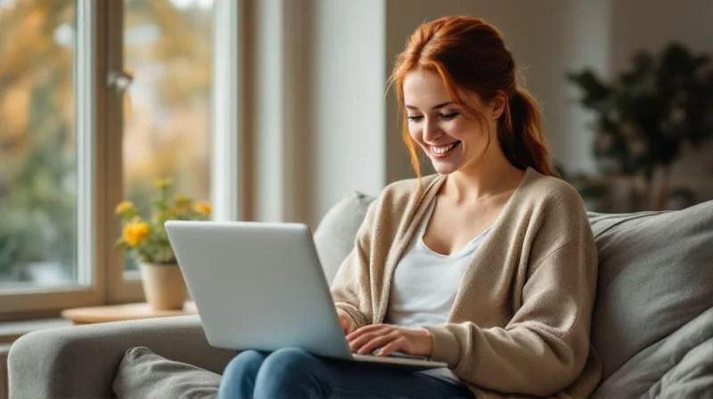 Frau lernt am Laptop in einem hellen Wohnzimmer mit Blick auf die Coburger Veste