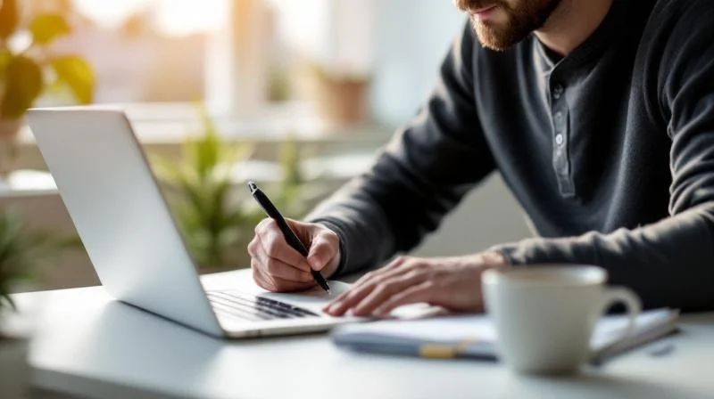 Mann arbeitet konzentriert am Schreibtisch mit Laptop und Unterlagen in Coburg